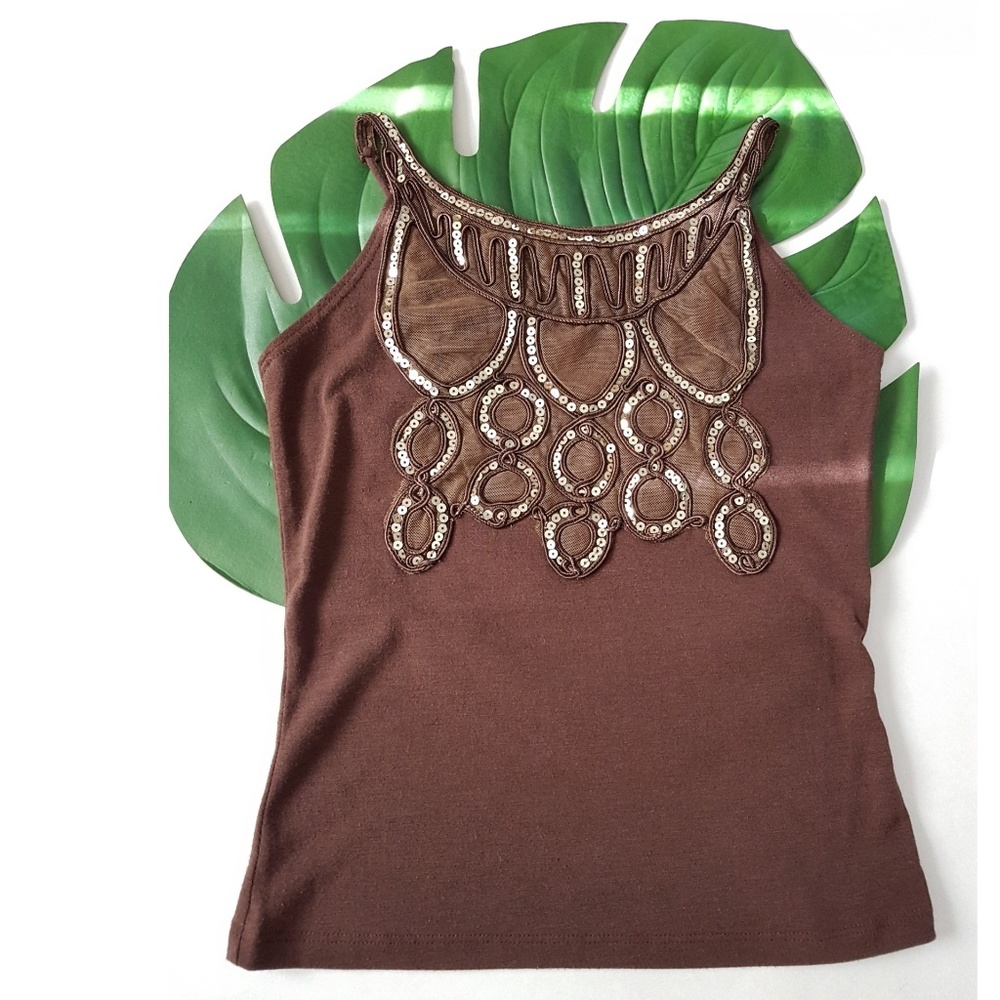 Brown Tank Top with Gold Sequines